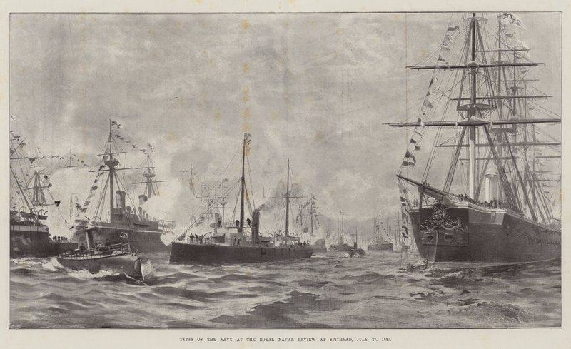 Typer av flottan vid Royal Naval Review i Spithead, 23 juli 1887 (litho) av English School