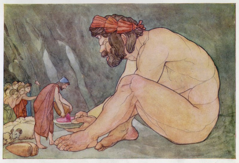 Ulysses ger vin till kykloperna (färg litho) av English School