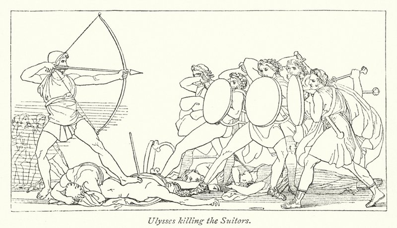 Ulysses dödar friarna (litho) av English School