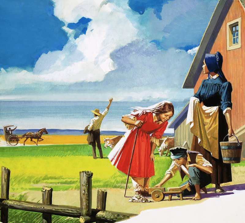 Oidentifierad amerikansk landsbygdsscen med Quaker-familjen av English School
