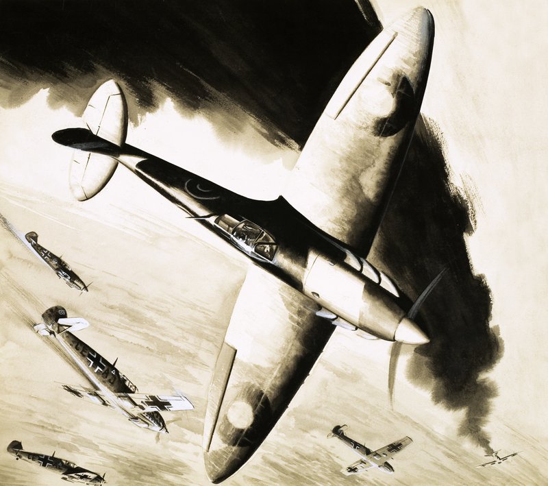 Oidentifierad Spitfire i luftstrid med tyska fighters av English School