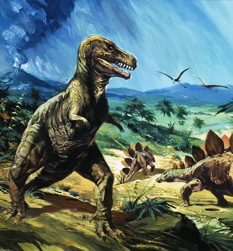 Oidentifierad dinosaurie-scen med T-Rex och Stegosaurus av English School