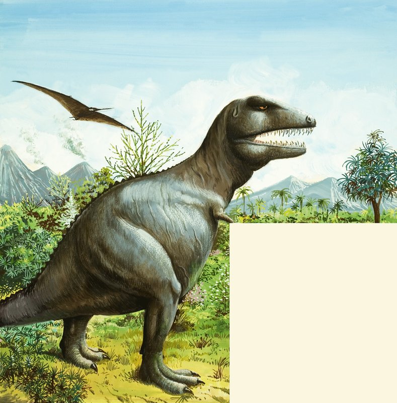 Uidentificeret dinosaurscene med T Rex og Pterodactyl Seed av English School