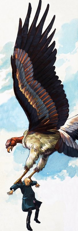 Oidentifierad folksaga med illustration av en man som bärs av en jättefågel av English School