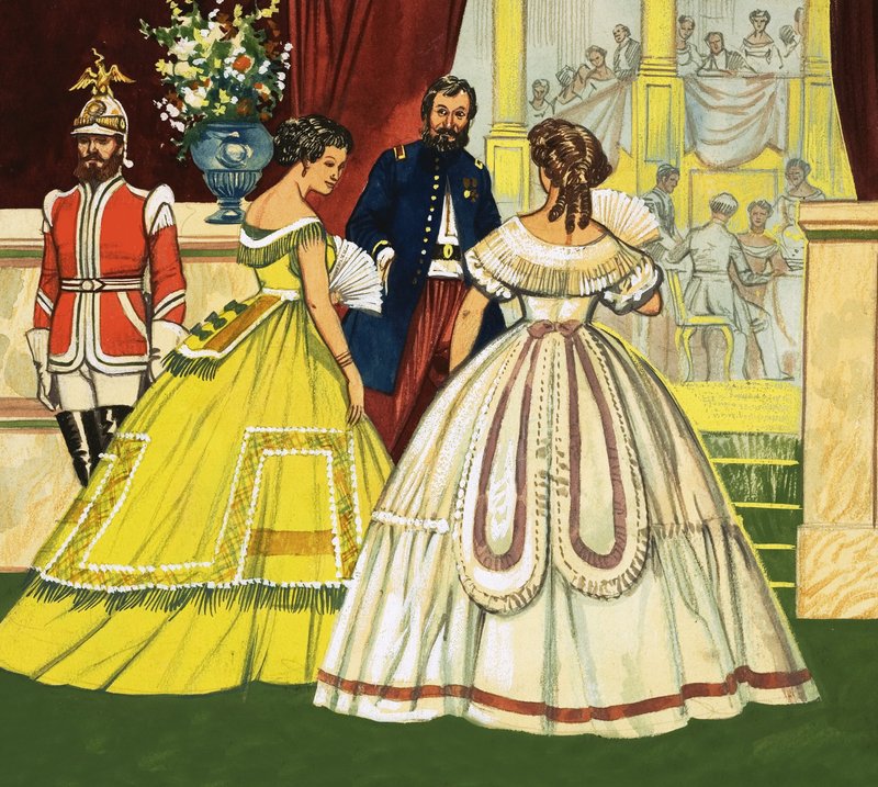 Uidentificerede kvinder i formelle kjoler, der deltager i en fest (1800-tallet) svensk av English School