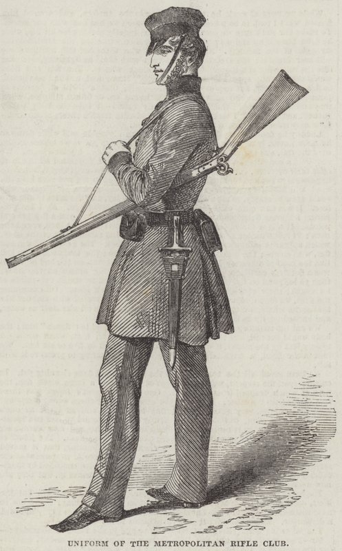 Uniform från Metropolitan Rifle Club (gravyr) av English School