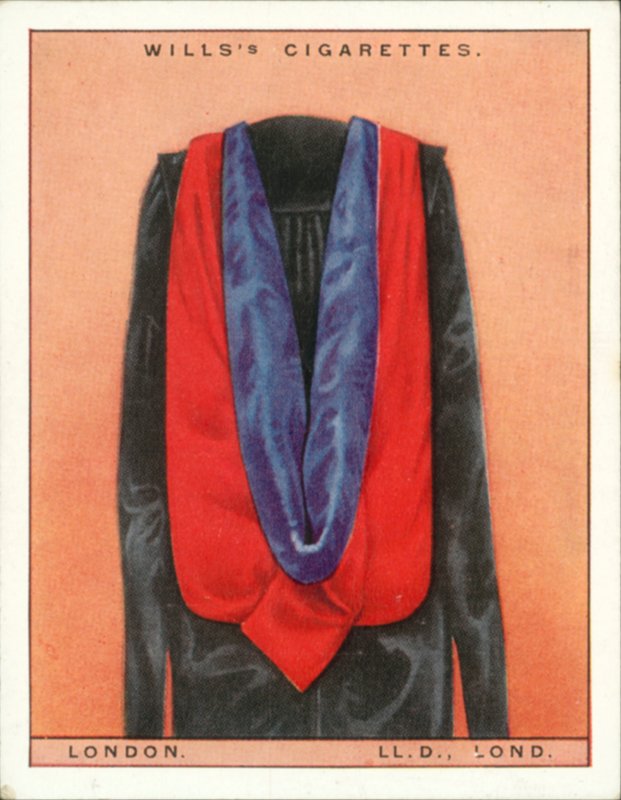 Universitetshuvor och -klänningar: London University, Doctor of Laws, LLd, Lond (färglitografi) av English School
