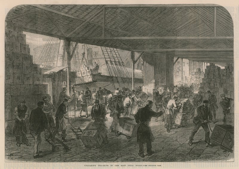 Lossar tebutiker i East India Docks av English School