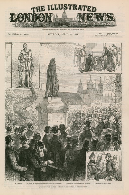 Avtäckning av statyn av Lord Beaconsfield i Westminster av English School
