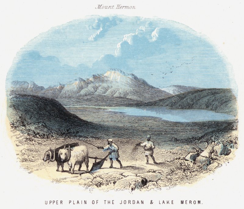 Övre slätten i Jordan och Meromsjön (färgad gravyr) av English School