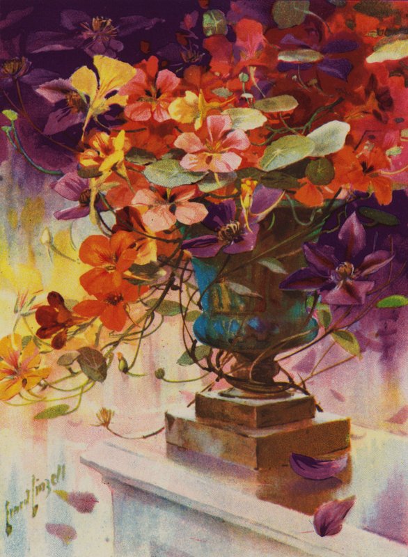 Urna fylld med blommor (färg litho) av English School