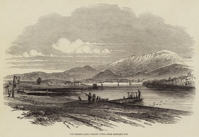 Van Diemens land, Hobart Town, från Kangaroo Bay (gravyr) av English School