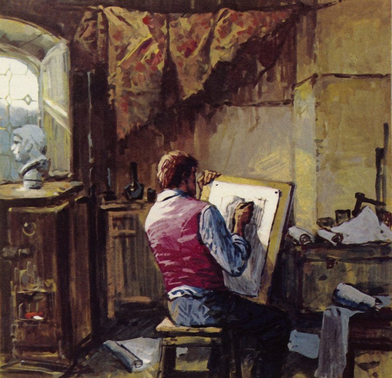 Van Gogh lämnade sitt missionsarbete vid gruvorna och började teckna i Bryssel av English School