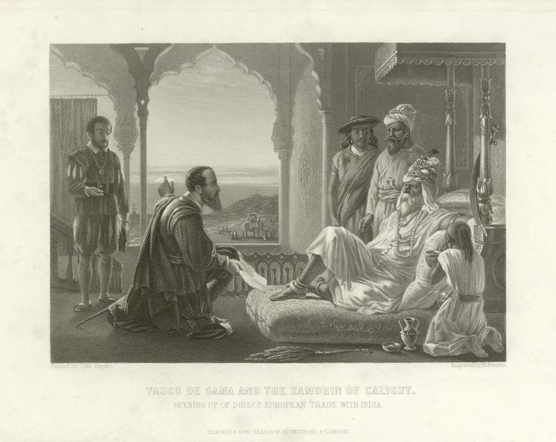 Vasco da Gama och Zamorin från Calicut, 1498 av English School