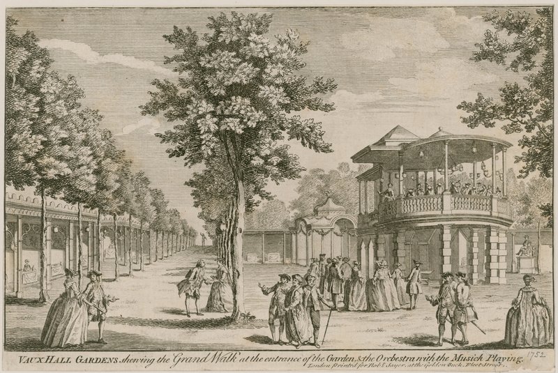Vauxhall Gardens, London, som visar Grand Walk vid ingången till trädgården och The Orchestra, med musiken spelad av English School
