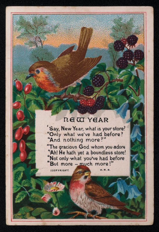 Vers, bär och fåglar, hälsningskort för nyår. (chromolitho) av English School