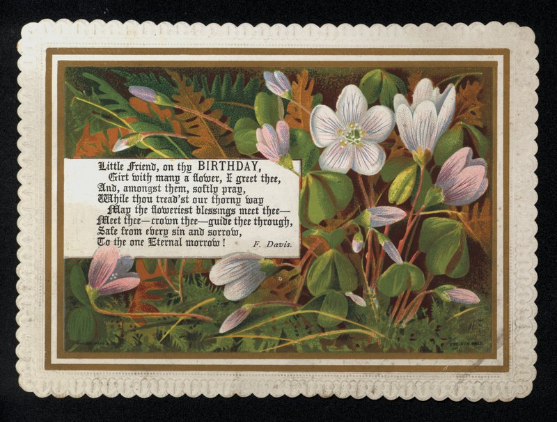 Vers av F Davis och blommor, födelsedagshälsningskort (chromolitho) av English School