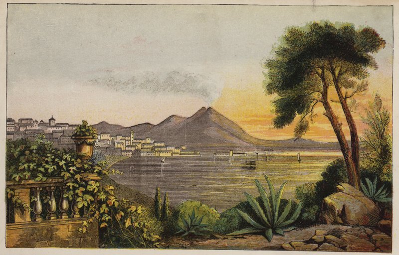 Vesuvius och Neapelbukten, Italien (färgad gravyr) av English School