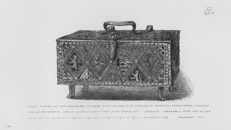Victoria And Albert Museum: Skrin, förgylld och emaljerad i koppar, blöjd med Armorial Shields of England, Angoulesme, Valence, Earl of Pembroke, Dreux Duke of Bretagne och Brabant, engelska, troligen gjord för William eller Aymer de Valence, omkring 1290- av English School