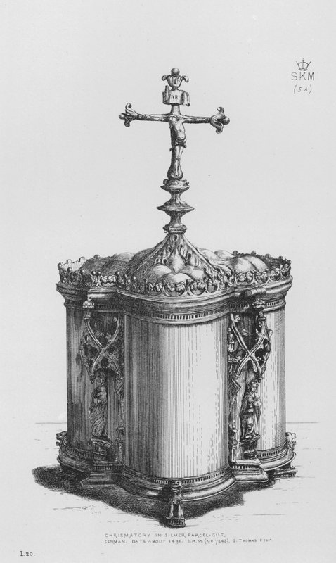 Victoria And Albert Museum: Chrismatory i silverpaket-förgyllt, tyskt, daterat omkring 1490 (gravyr) av English School