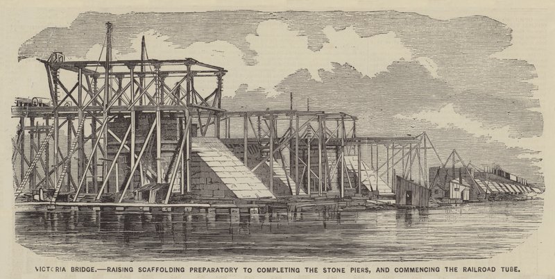 Victoria Bridge, uppförande av byggnadsställningar inför färdigställandet av stenpelarna och påbörjandet av järnvägstunneln (gravyr) av English School