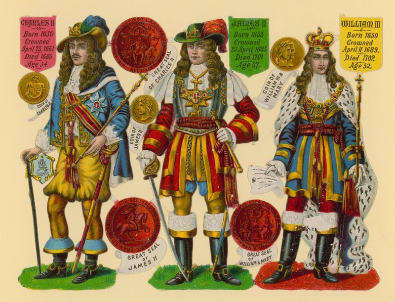 Victoriansk skrot: Kung Charles II, kung James II, kung William III. av English School