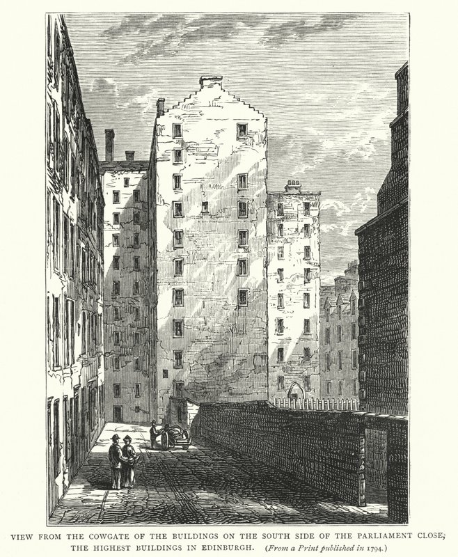 Utsikt från Cowgate of the Buildings på södra sidan av parlamentet Stäng, de högsta byggnaderna i Edinburgh (gravyr) av English School