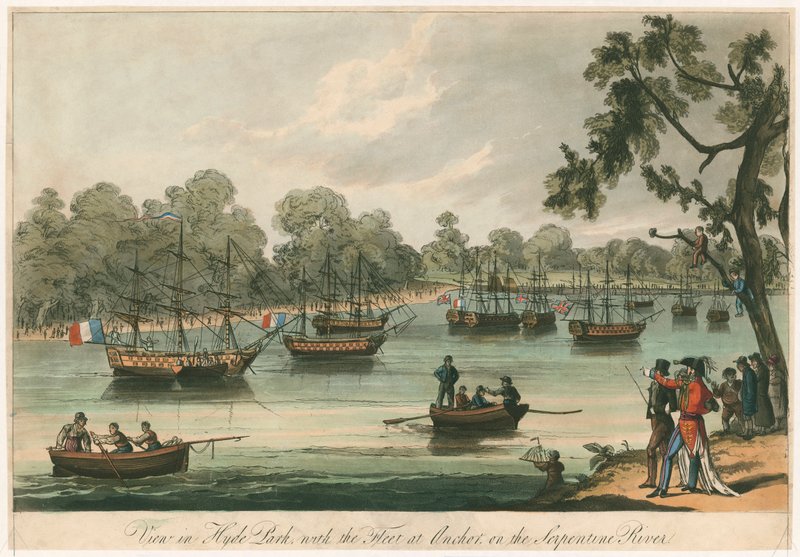 Utsikt i Hyde Park med flottan vid Anchor på Serpentine River. Naumachia. Peace of 1814 (färgad gravyr) av English School