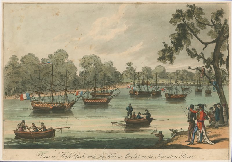 Utsikt i Hyde Park med flottan vid Anchor på Serpentine River. Naumachia. Freden 1814 av English School