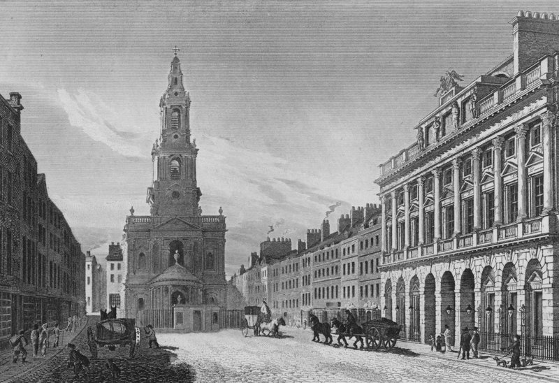 Utsikt i Stranden, inklusive North Front of Somerset House, och Church of St Mary-Le-Strand, Westminster (gravyr) av English School