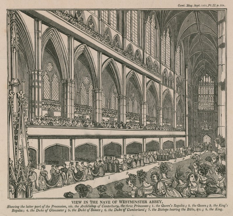 Utsikt i långhuset i Westminster Abbey under kröningen av kung William IV och drottning Adelaide av English School