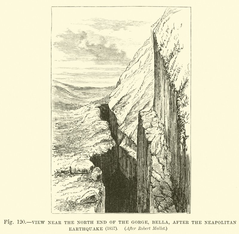 Utsikt nära den norra änden av ravinen, Bella, efter den napolitanska jordbävningen, 1857 av English School