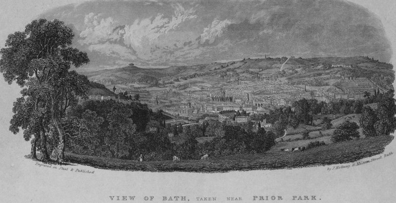 Utsikt över Bath, tagen nära Prior Park (gravyr) av English School