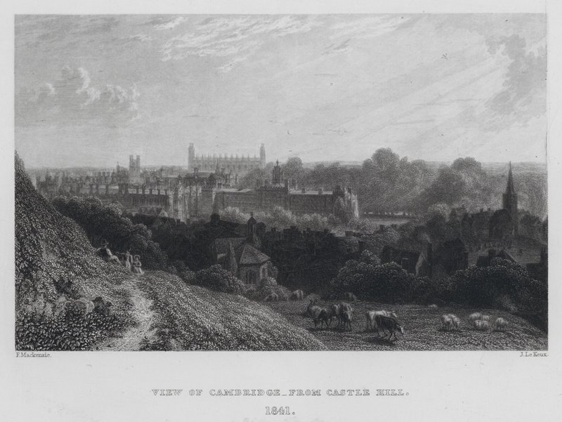 Utsikt över Cambridge, från Castle Hill (gravyr) av English School
