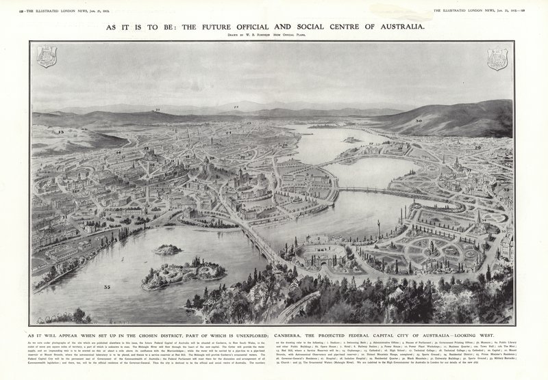 Utsikt över Canberra, föreslagen federal huvudstad i Australien, 1913 av English School