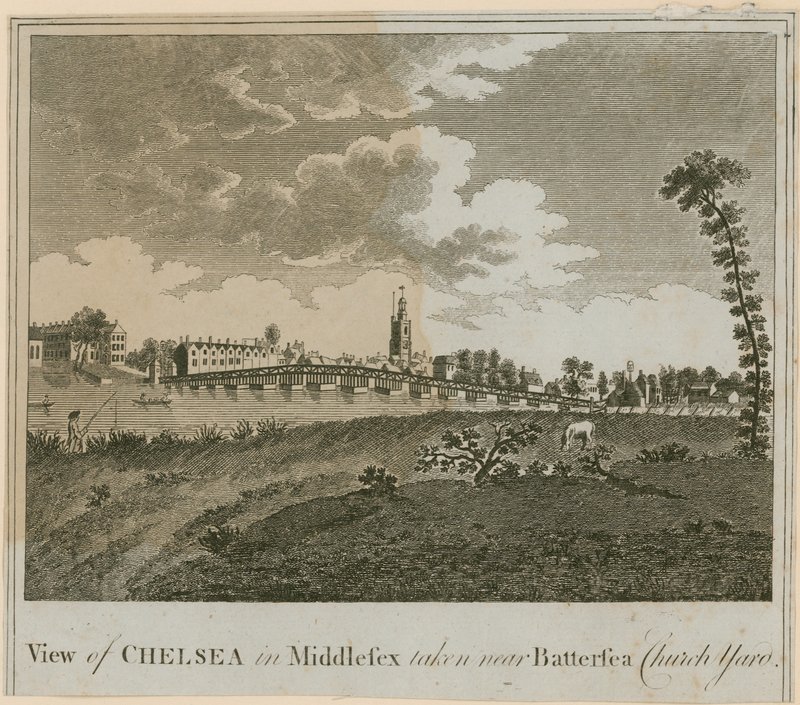 Vy över Chelsea i Middlesex tagen nära Battersea Church Yard av English School