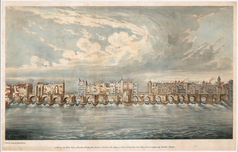 Utsikt över East Side of Old London Bridge under drottning Elizabeth I:s regeringstid av English School