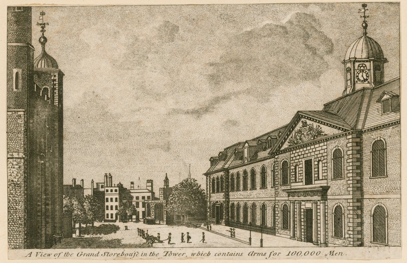 Utsikt över Grand Storehouse i Tower of London med vapen för 100 000 män av English School