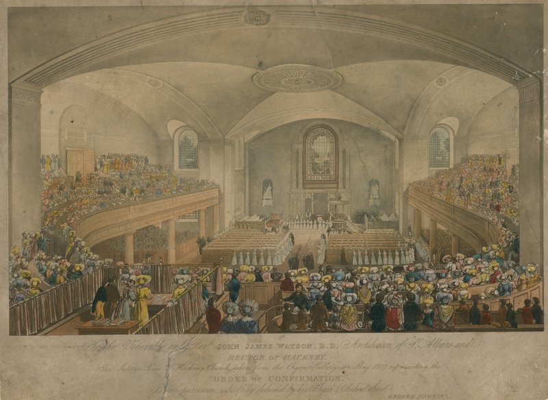 Vy över Hackney Church tagen från orgelgalleriet i maj 1827 av English School