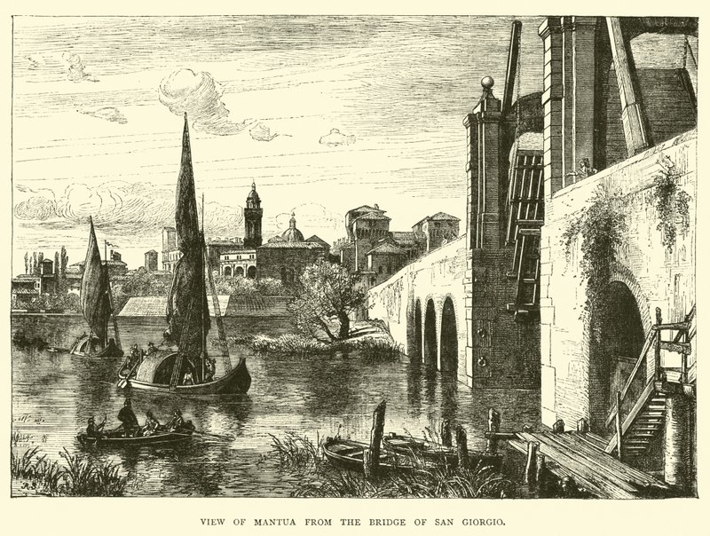 Utsikt över Mantua från bron San Giorgio av English School