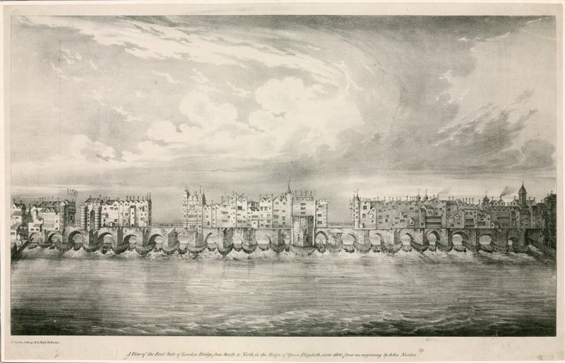 Utsikt över Old London Bridge som under drottning Elizabeth I:s regeringstid av English School