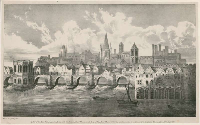 Utsikt över Old London Bridge som under kung Henrik VII:s regeringstid, cirka 1500 av English School