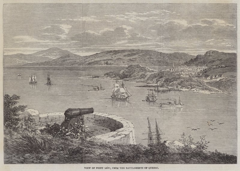 Utsikt över Point Levi, från Battlements of Quebec (gravyr) av English School