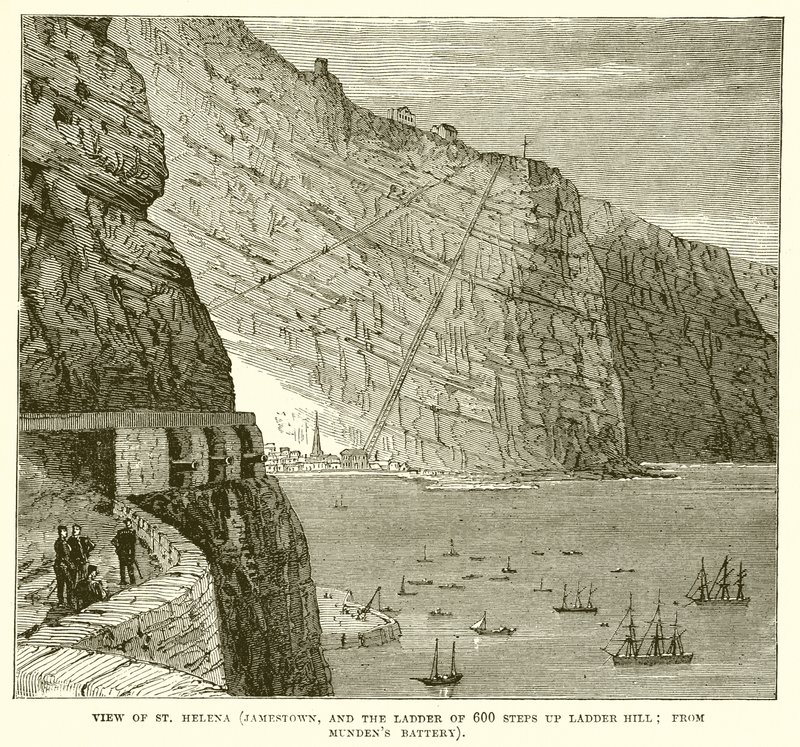 Utsikt över St. Helena (Jamestown och stegen med 600 steg uppför Ladder Hill; från Mundens batteri) av English School