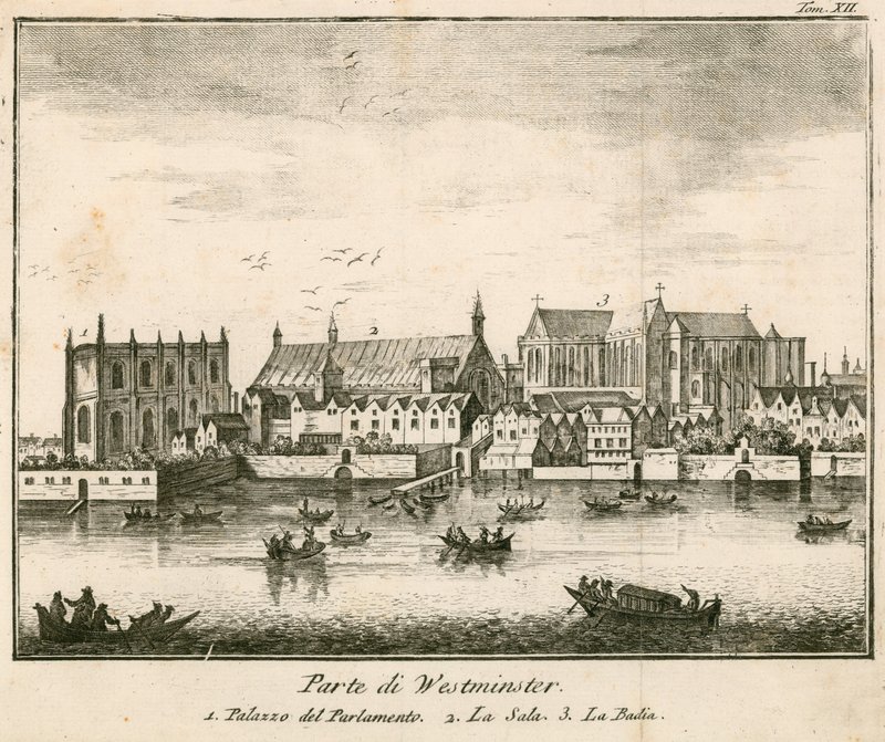 Utsikt över Westminster Palace, London av English School