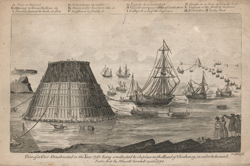 Utsikt över en kon konstruerad år 1785 som förs till sin plats i vägen till Cherbourg av English School