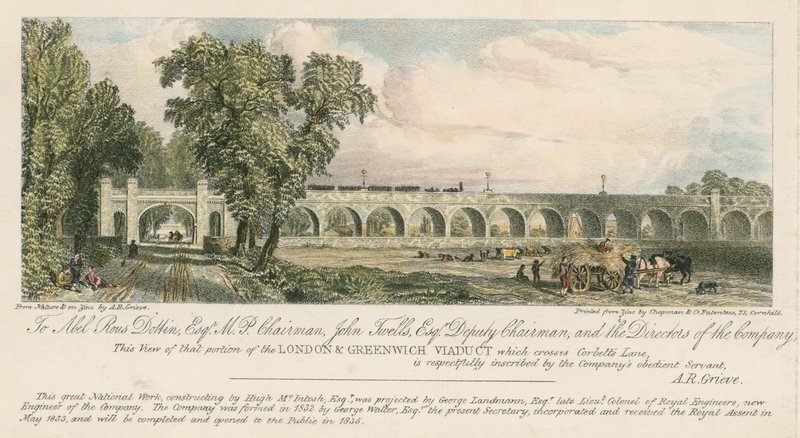Vy över en del av London och Greenwich Viaduct, där den korsar Corbetts Lane, London av English School