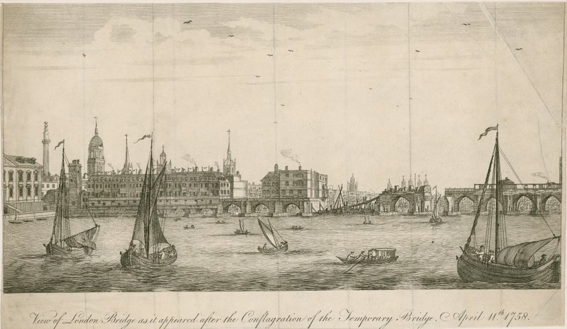Utsikt över gamla London Bridge som den såg ut efter branden 1758 av English School