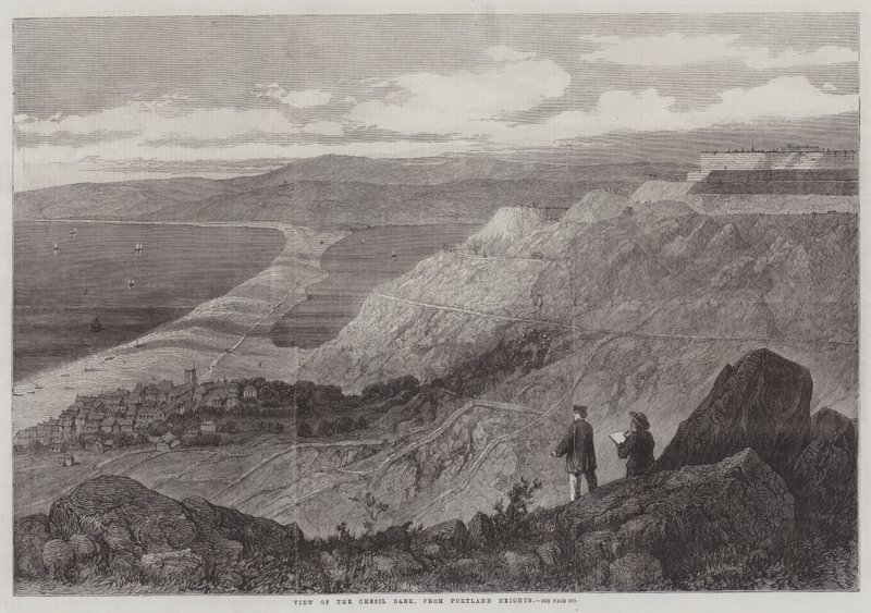 Utsikt över Chesil Bank, från Portland Heights (gravyr) av English School
