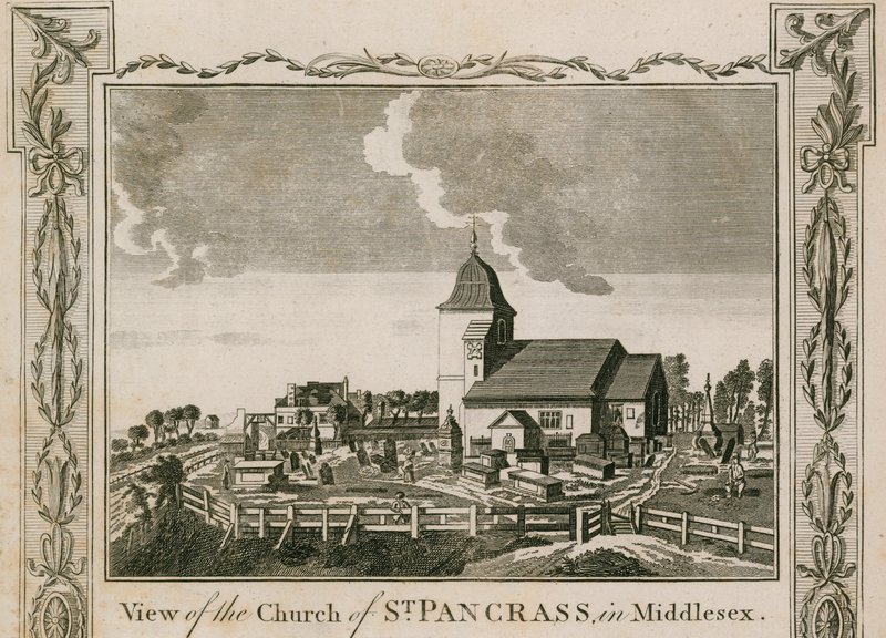 Utsikt över Church of St Pancras i Middlesex, London av English School